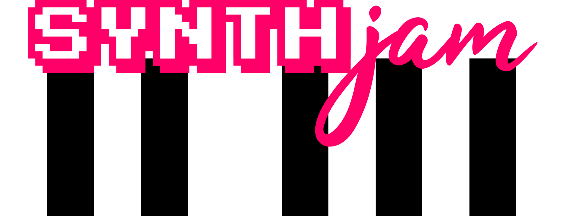 SYNTH jam logo, stylized retro text, superimposed over an abstract piano